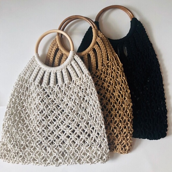 Handbags - Macrame handbag wooden handle white Handbags - Macrame handbag wooden handle white